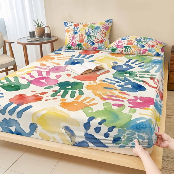 King Size Fitted Sheet Set - Colorful Handprints 3 Piece Bedding Sets 16" Deep Pocket Fitted Sheet with 2 Pillowcases, Rainbow Fingerprint Abstract Art Brushed Microfiber Hotel Luxury Bed Sheets