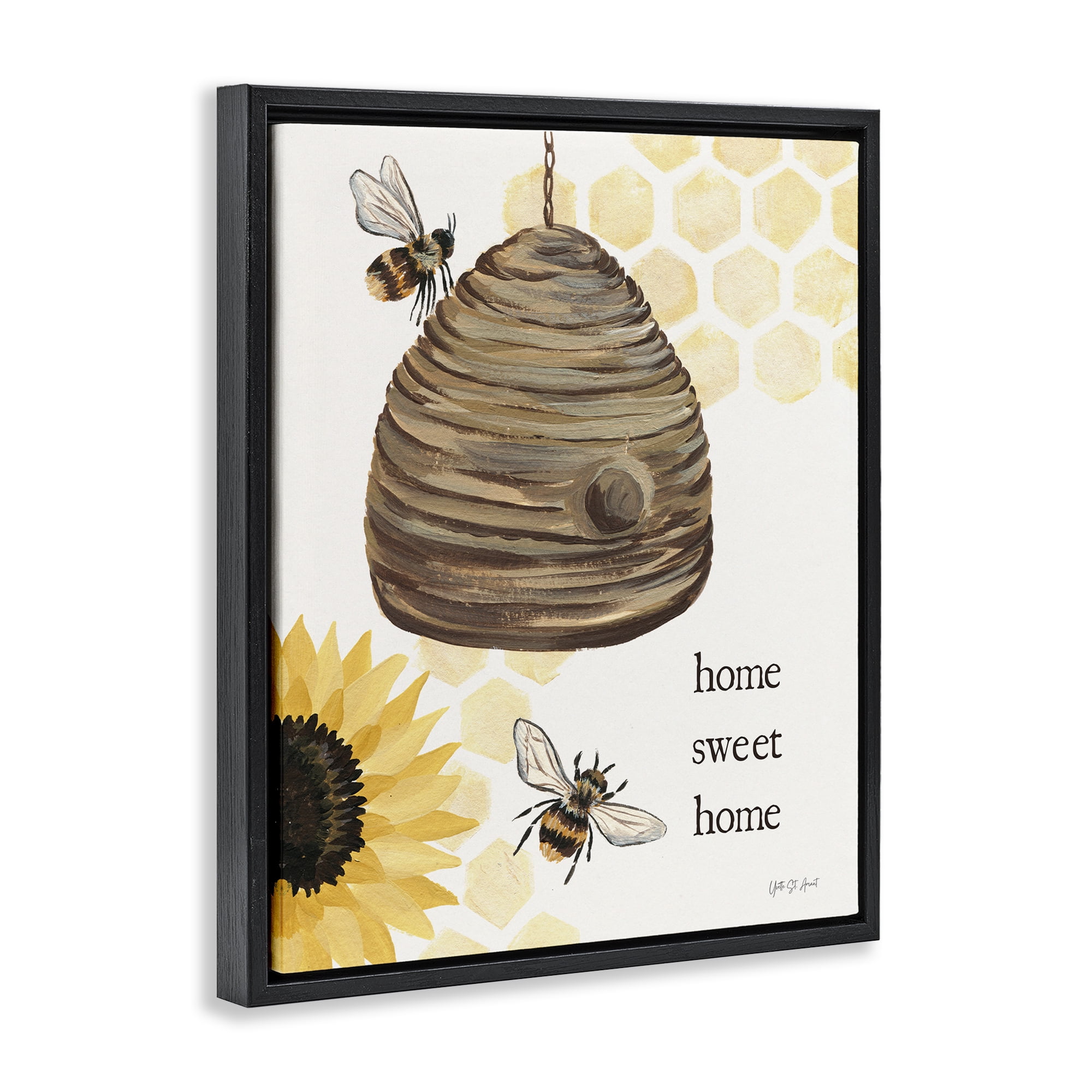 Stupell Industries Sweet Home on Honeycomb Botanical & Floral Painting Black Floater Framed Canvas Art Print Wall Art, 17 x 21