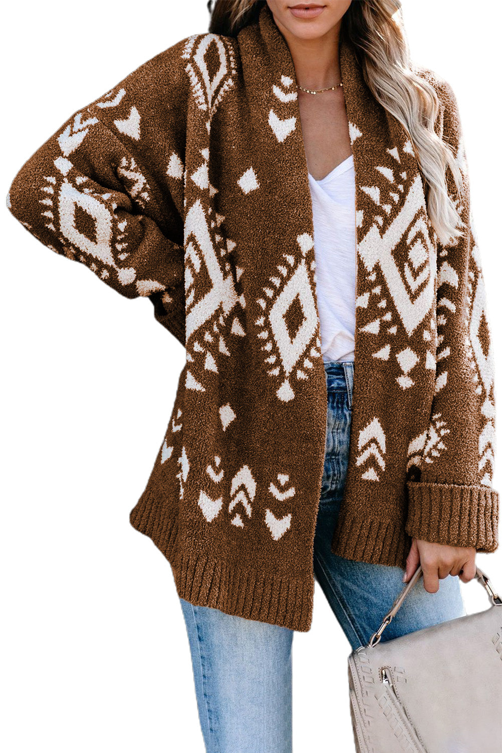 Women Brown Aztec print Open Front 