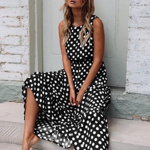 Nuoqisi Women's Polka Dot Print Round Neck Maxi Dress - Classic Pattern Design for Various Occasions and Timeless Style
