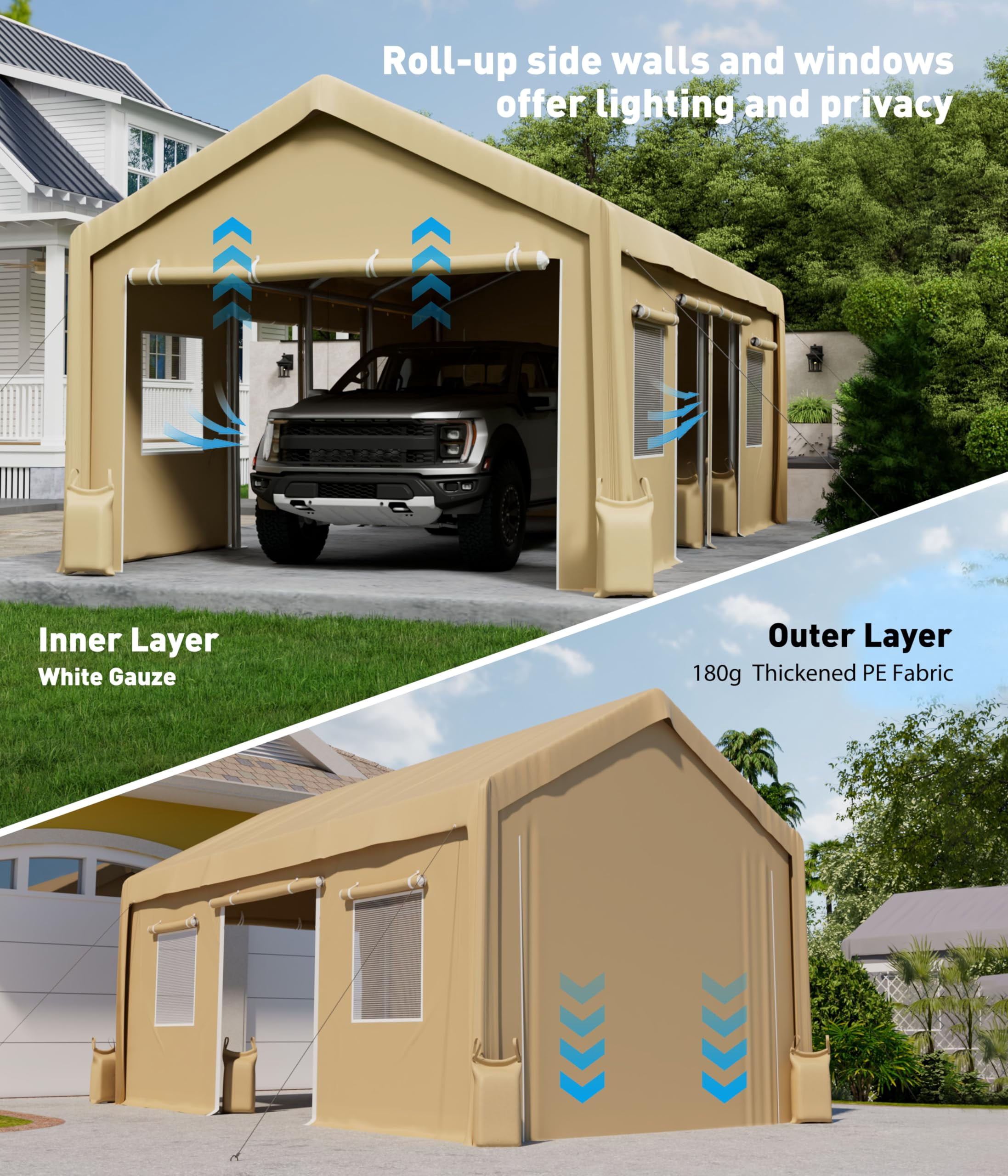 Heavy Duty 10x20FT Carport Zipper Door Replacement - Portable Garage Shelter Cover, 3-Layer PE, Steel Frame Compatible, 11FT Tall, Roll-Up Doors - Yellow, 160G