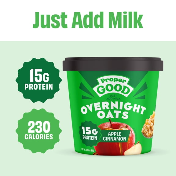 Proper Good Apple Cinnamon Overnight Oats, 15g Protein, Shelf-Stable, 2.2 oz Tub