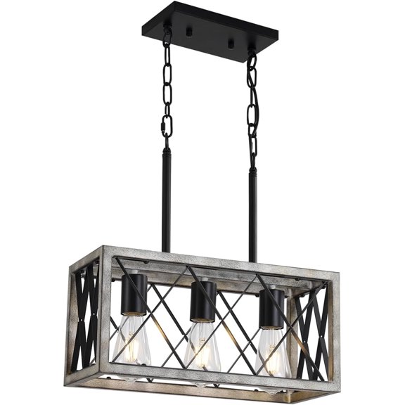 KEESFU Farmhouse 3-Light Pendant Light, Adjustable Iron Cage Chandelier with Hand-Painted Ash Wood Grain Finish