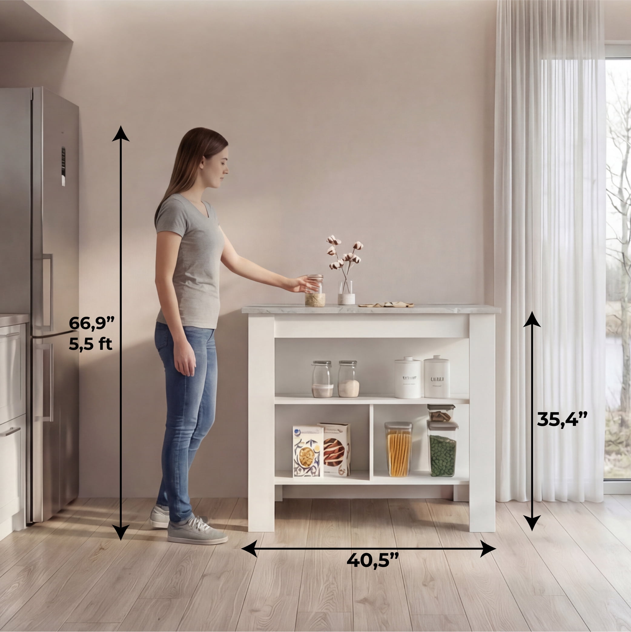 TUHOME Cala Kitchen Island with Antimicrobial Tabletop & 3 Open Shelves, Seating Workstation