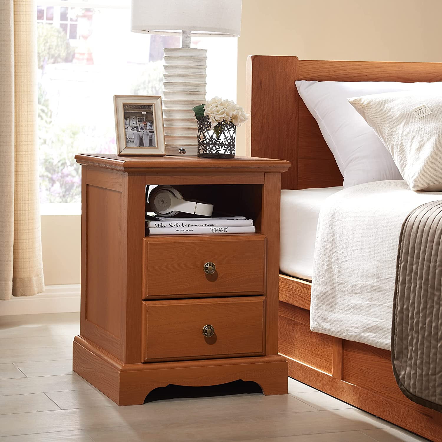 OKD Nightstand with Charging Station for Bedroom,  Modern 2 Drawer End Side Table with Storage and Shelf, Antique White