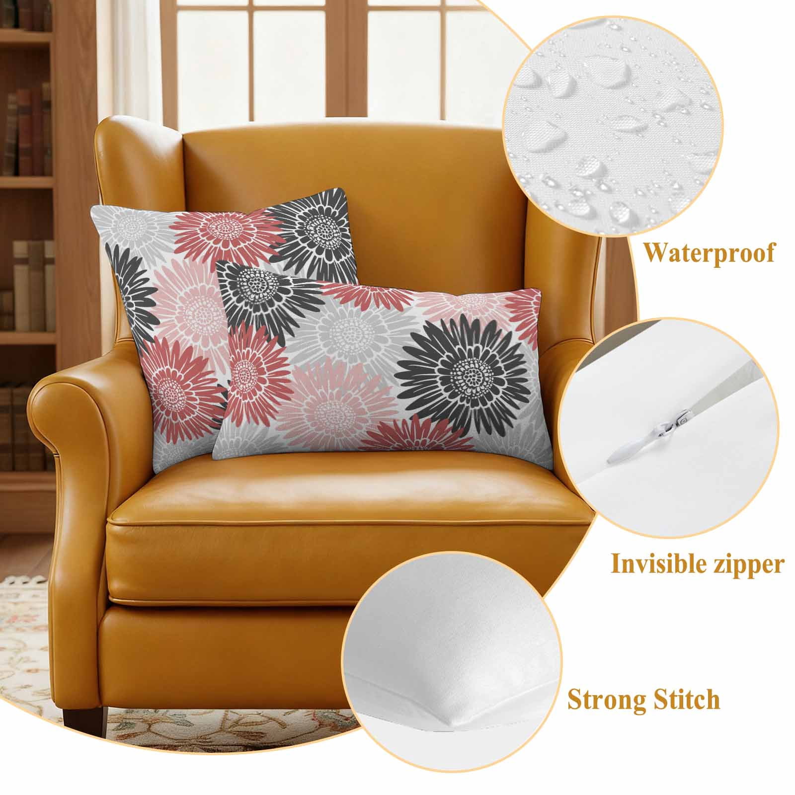 Red Pink Grey Sunflowers Outdoor Waterproof Throw Pillow Covers 20x20 Set of 2, Boho Retro Floral Rustic Blossom Pillowcases Cushion Pillowcase for Couch Sofa Patio Outside Pillow Protector