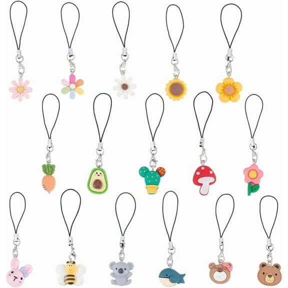 16Pcs Cute Resin Phone Charms Strap Bear Bunny Koala Mushroom Bee Flower Phone Charms Kawaii Animal Cellphone Lanyard Pendants for Keychain Cellphone Case Backpack Purse Decoration colorful DIY