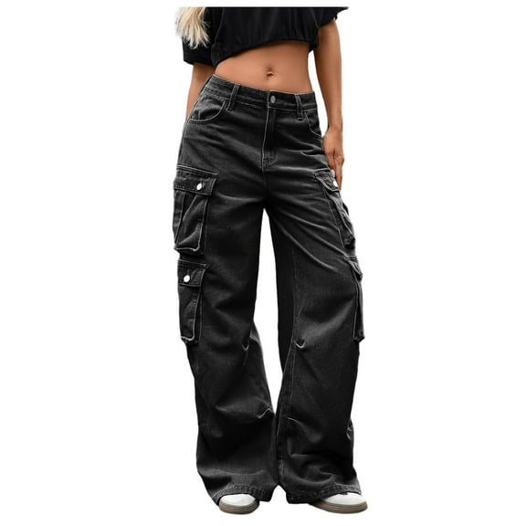 Tnhcen Women's High Waisted Straight Leg Denim Cargo Pants - Pre-Shrunk Denim Multi-Pocket Jeans for Women Relaxed Fit Long Pants with Button Pockets S-2XL