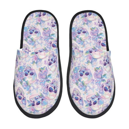 Balery white Skull crystal flower Slient Indoor Furry Fleece Comfort House Shoes Soft Non-Slip Home Shoes Cotton slippers House Slippers-- Medium