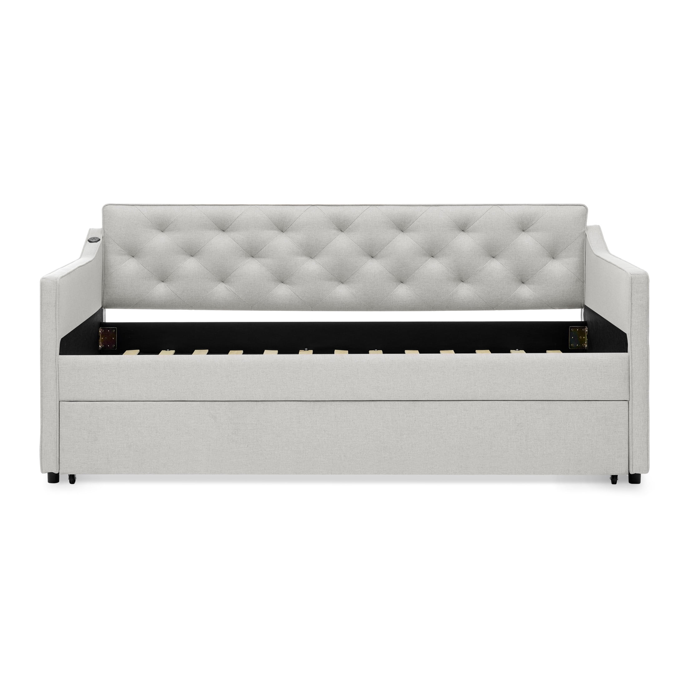 Noble House Belric Twin Size Linen Tufted Daybed, Sofa Bed Frame with Pop-Up Trundle and Built-In Charging Port, Beige