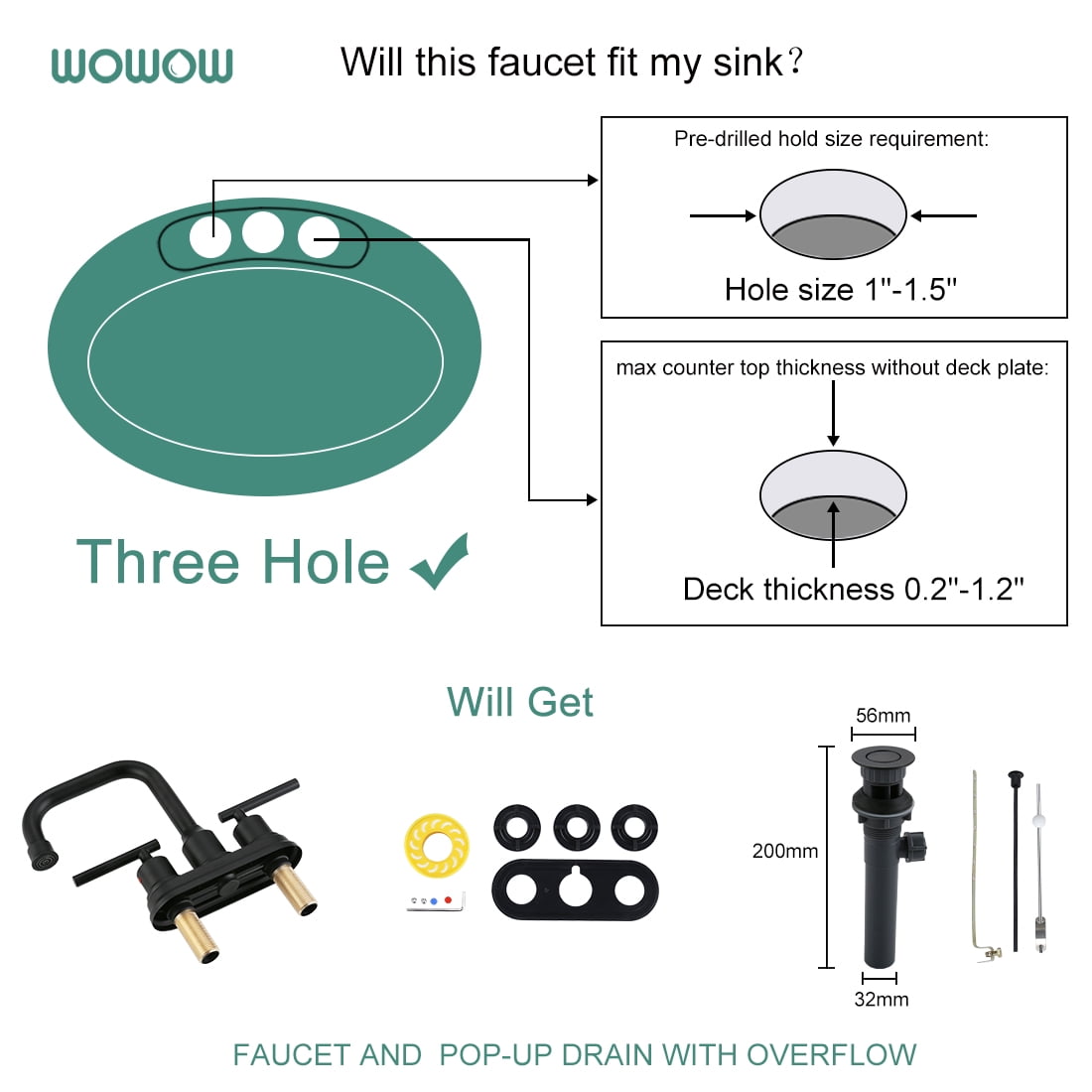 WOWOW Bathroom Faucet Chrome 4 inch Bathroom Sink Faucet Centerset Lift Rod Drain