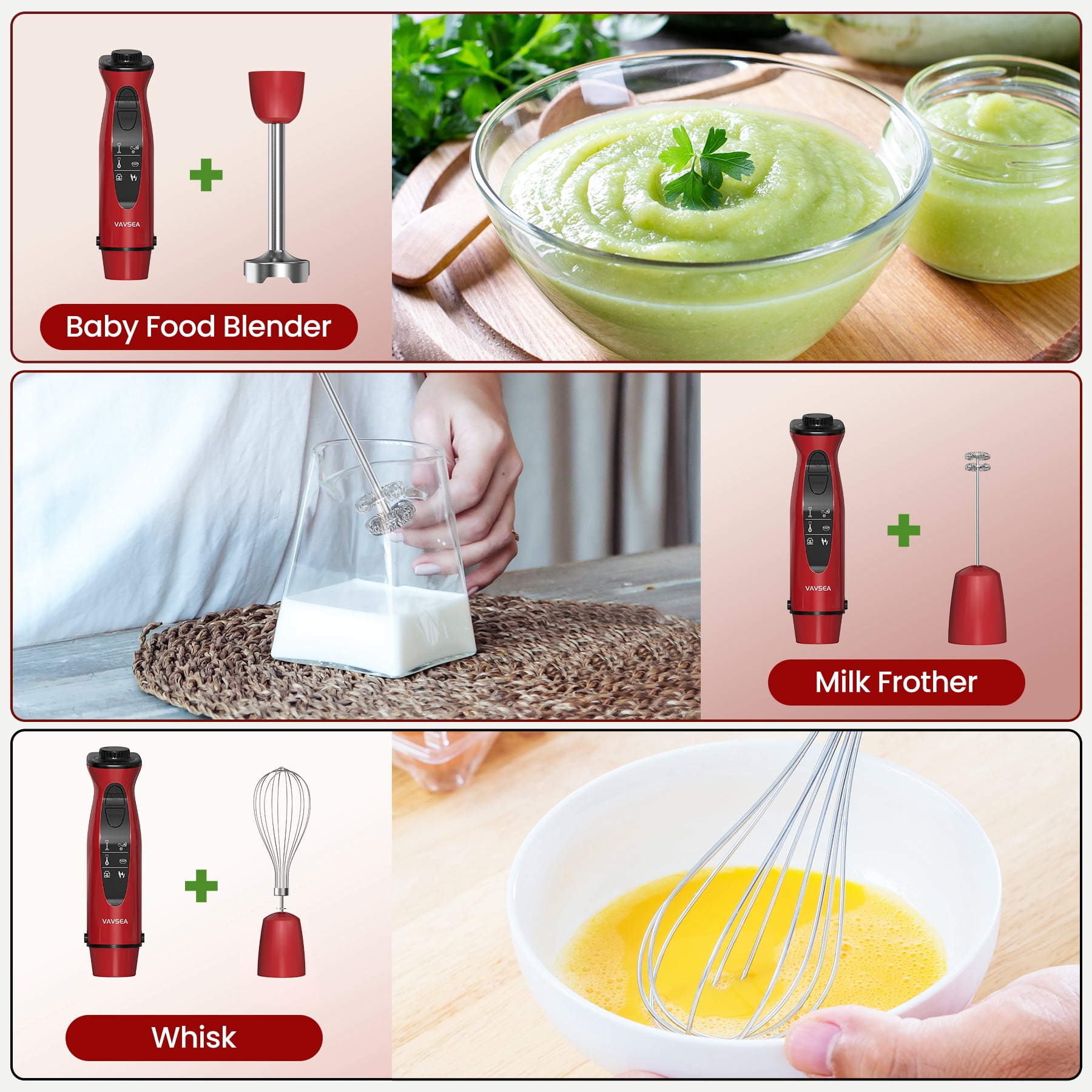 VAVSEA 24-Speed Immersion Blender, 5-in-1 Hand Blender, 1100W Handheld Stick Blender Mixer for Kitchen, Chopper, Beaker, Whisk, Milk Frother, for Baby Food Processor,Red