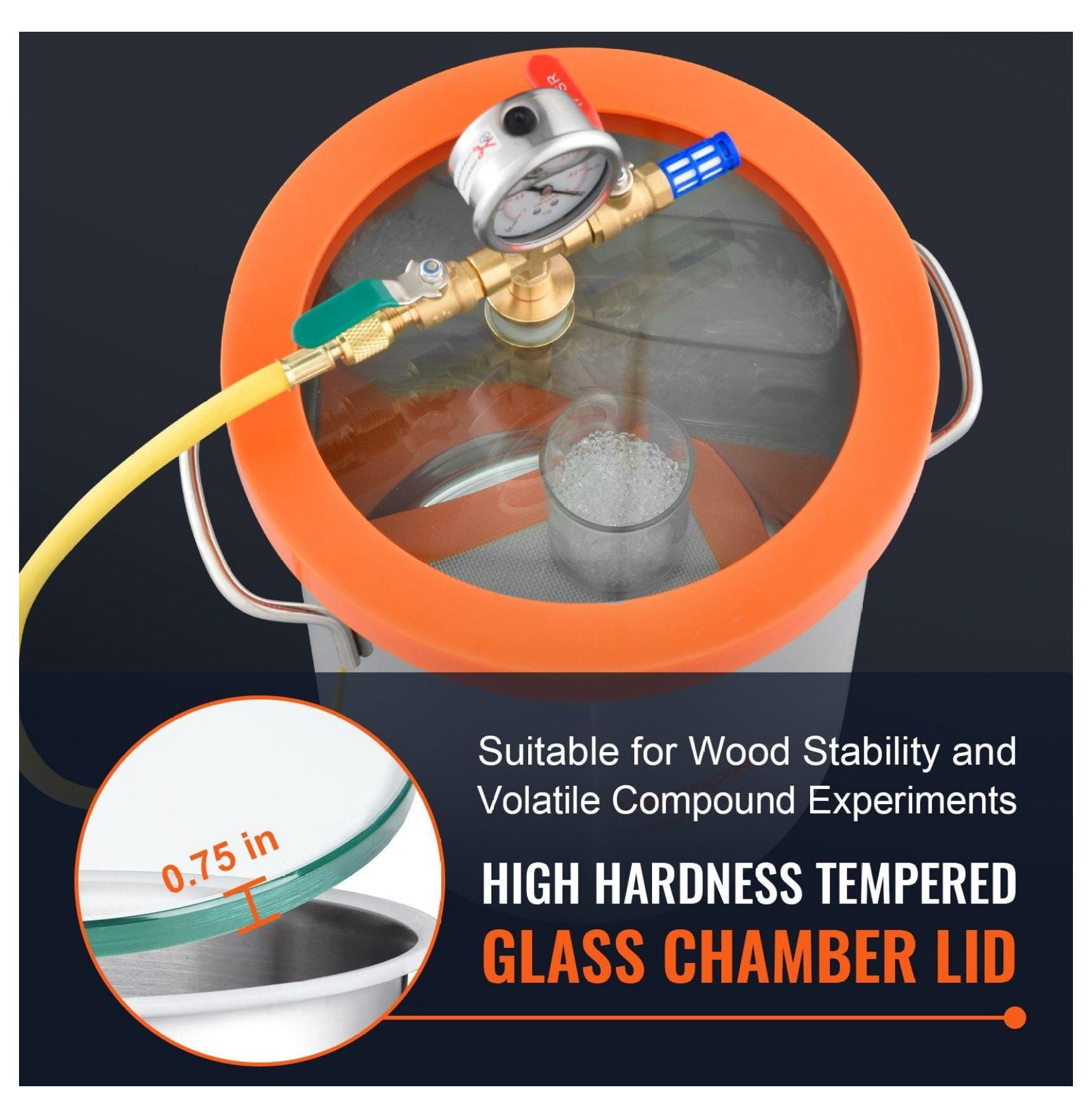 5 Gallon Vacuum Chamber Kit, Tempered Glass Lid, 304 Stainless Steel, for Resin, Wood, Silicone Degassing - 24hr Seal, Minimal Leakage, Vacuum Pump Ready