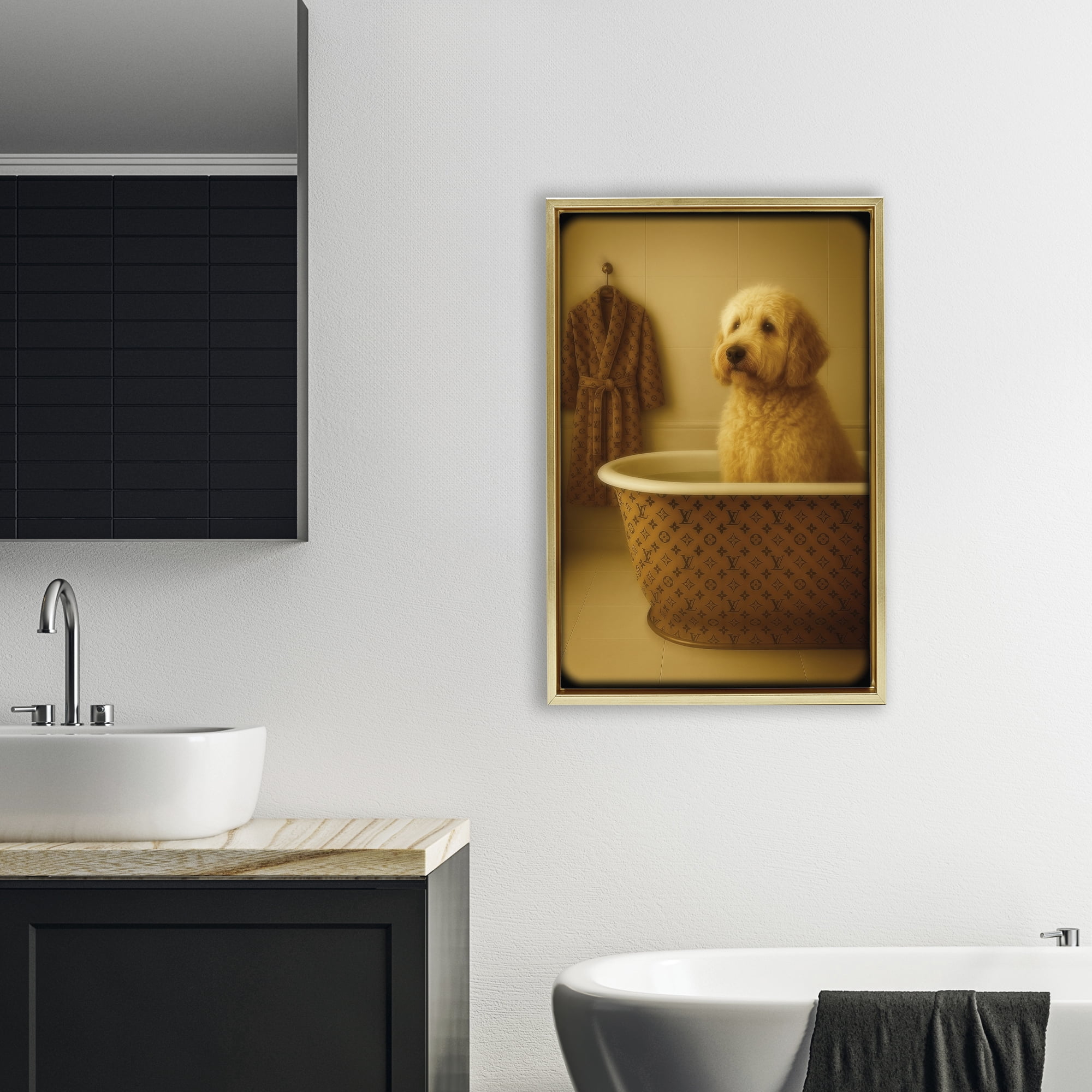 Stupell Industries Couture Dog in Luxury Tub Gold Framed Floater Canvas Wall Art, design by Grotto Studios