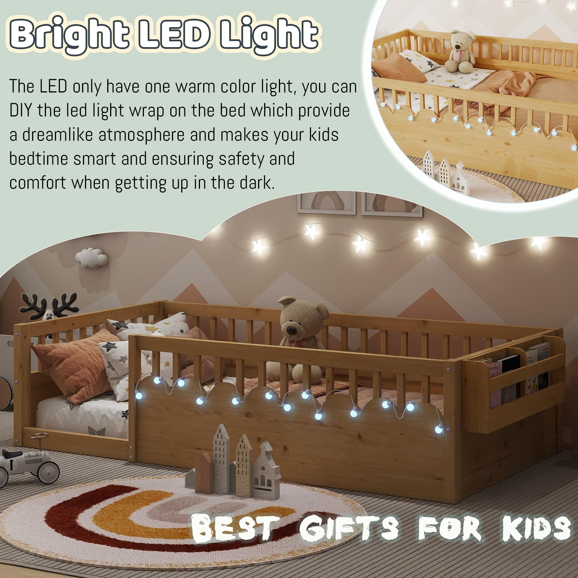 Mirightone Twin Montessori Bed with Rails and Storage Shelf, Wood Twin Floor Beds Frame with Light, Natural