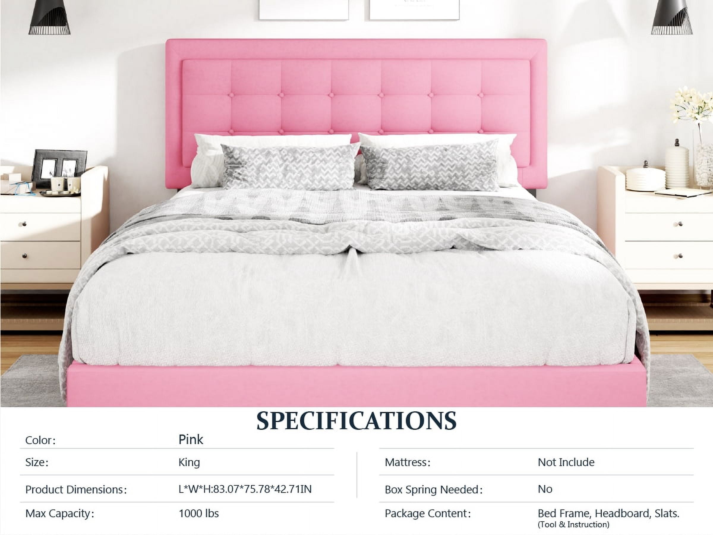 Unizone King Size Bed Frame with Velvet Upholstered Headboard, Button Tufted Design,Wood Slats Support, No Box Spring Needed, Noise Free, Easy Assembly, Pink