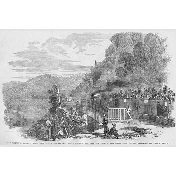 Ohio Volunteers cross the Tray Run Viaduct By B&O Railway-Fine Art Canvas Print (20" x 30")