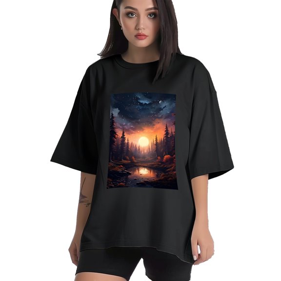 Plus Size Shirt for Women Black Tops for Women Short Sleeves Shirt for Women Night Sky T Shirt Crewneck Shirt for Women XS