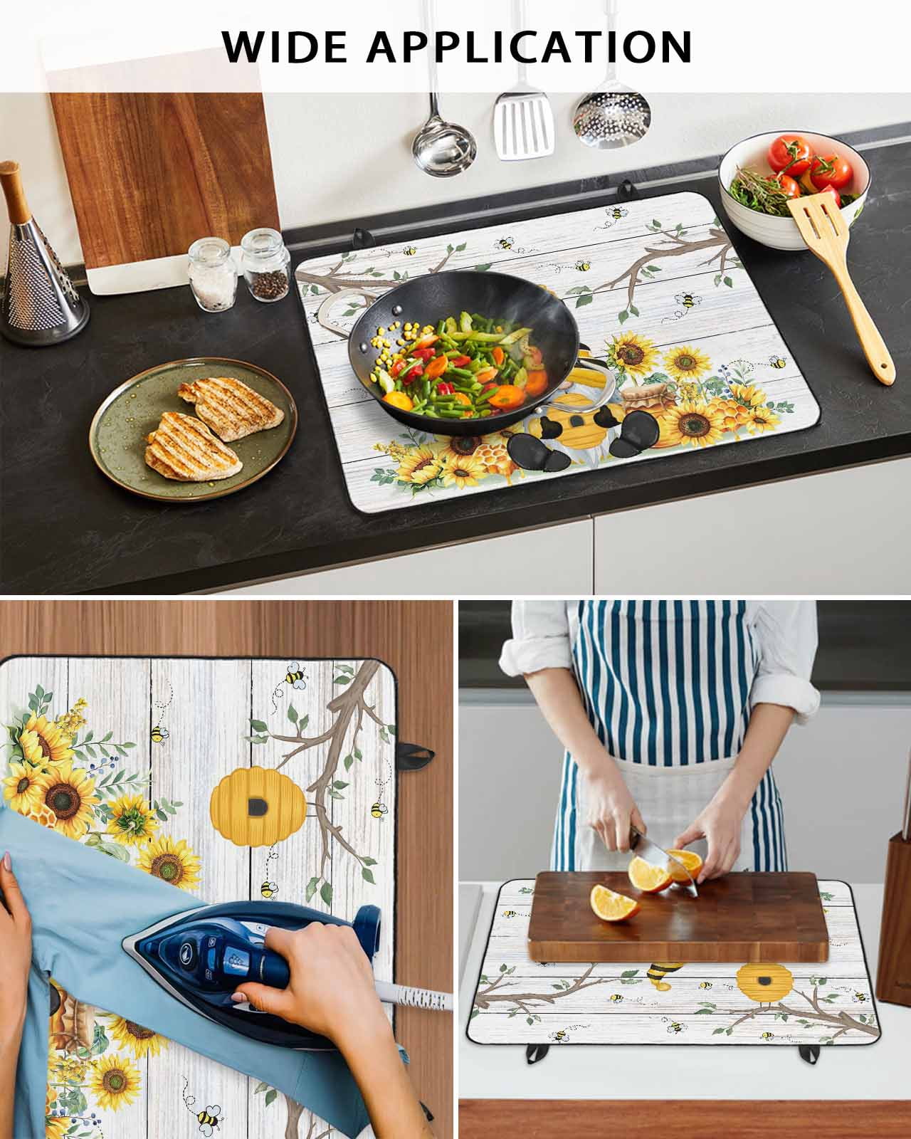 Large Induction Cooktop Protector Mat Gnomes Sunflower Stove Top Covers for Electric Stove, Bees Branches Floral Wooden Decorative Stove Burner Cover Mats, Glass Top Stove Cover