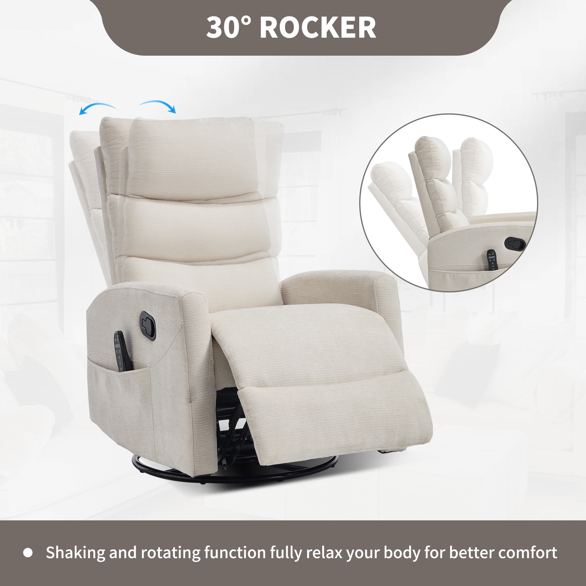 HSUNNS 360° Swivel Rocker Recliner Chair with Heat Massage, Chenille Manual Single Rocker Sofa Recliner Chair with Side Pockets for Living Room Home Theater, Beige