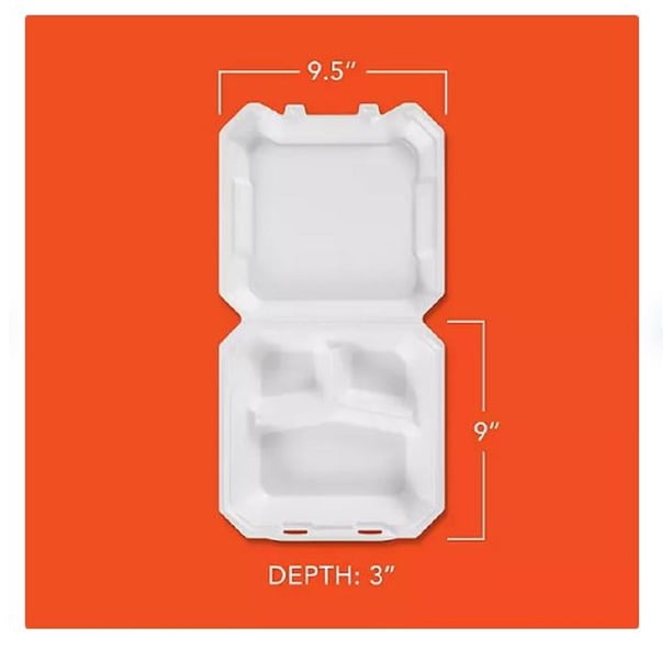Hefty Supreme Foam 3-Compartment Hinged Lid Containers, Soak-Proof