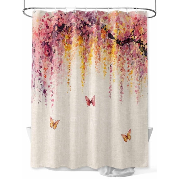 Fsddascl Summer Flowers Shower Curtain Set - Standard 72" x 72" Bathtub Curtain with 12 Hooks, Watercolor Butterfly Florals Trees Waterproof Fabric Stall Shower Curtains for Bathroom/Bathtub