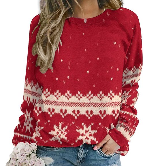 Red Knit Snowflake Pattern Women Casual Long Sleeve Hoodie Streetwear Pullovers Top Female Clothing