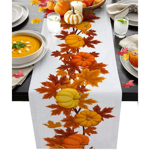 Chemin de Table en Coton et Lin Long Chemin de Mariage 13x36 Pouces Action de Grâce Récolte d'Automne Feuille d'Érable et Citrouille Foulard Chemin de Table Rustique Décorations de Table Lignes de Table