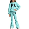thumbnail image 4 of Girls 2 Piece Set Fall Crew Neck Long Sleeve Printed Pullover Sweatshirt Flared Sweatpants Suits Casual Outfits (4-5 T, Blue), 4 of 5