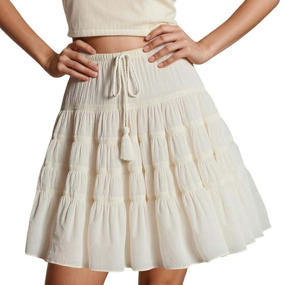 oqasdz Womens Skirts Solid Color Tiered Boho Pleated Drawstring High Waist Pleated Knee Length Flowy Midi Short Skirt Casual Fashion Outwear