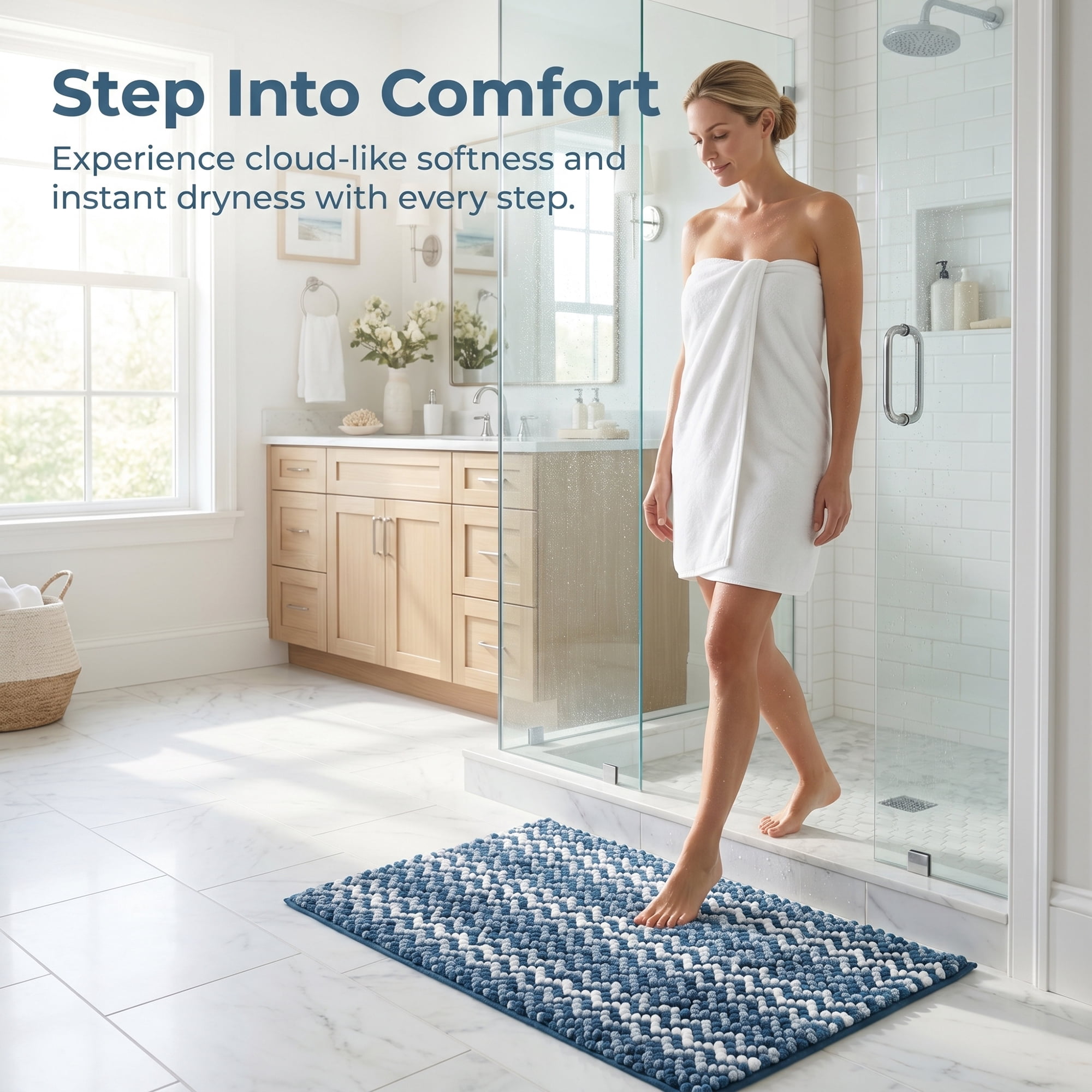 Unique Bargains Ultra Soft Non Slip Machine Washable Chenille Bath Mat Dark Blue 24" x 16"