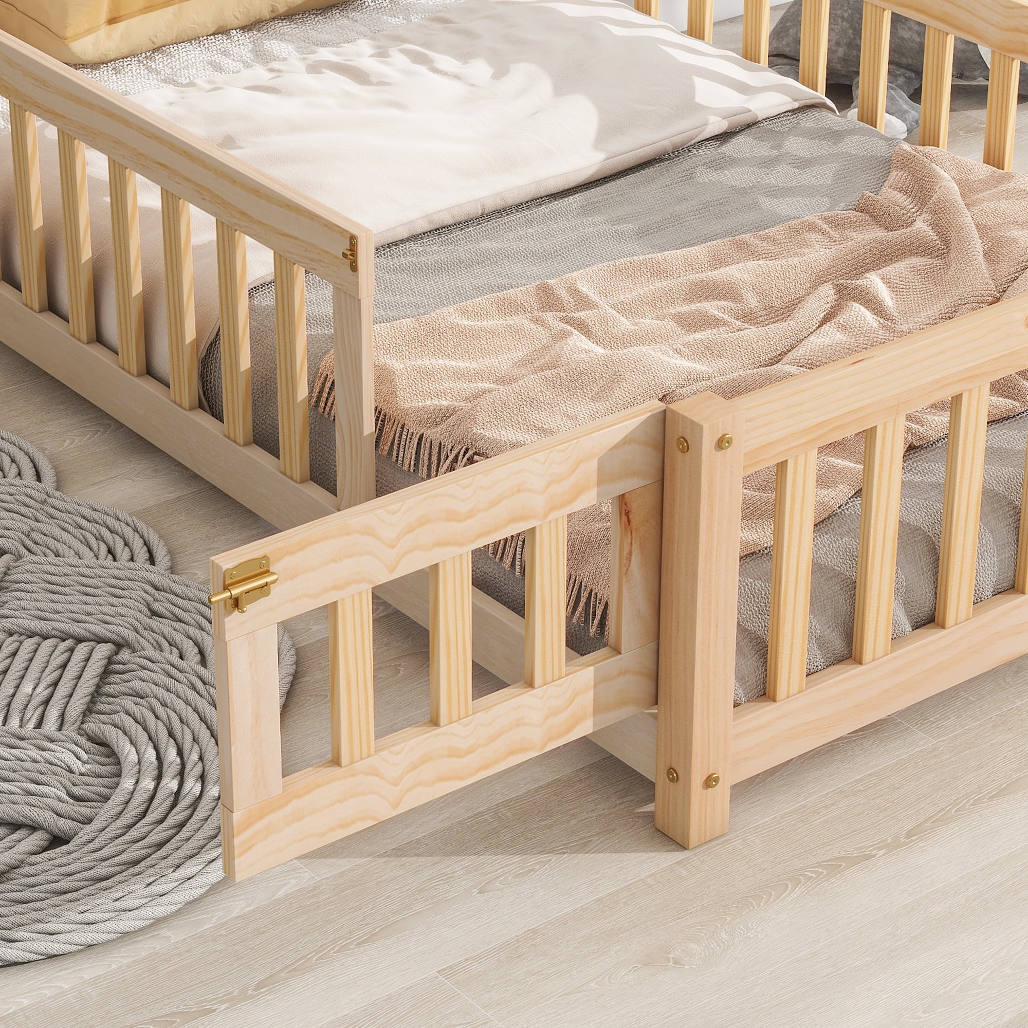 PORKISS Twin Size House Platform Bed for Kids with House-Shaped Headboard, Low Floor Bed with Guardrails Fence, Natural