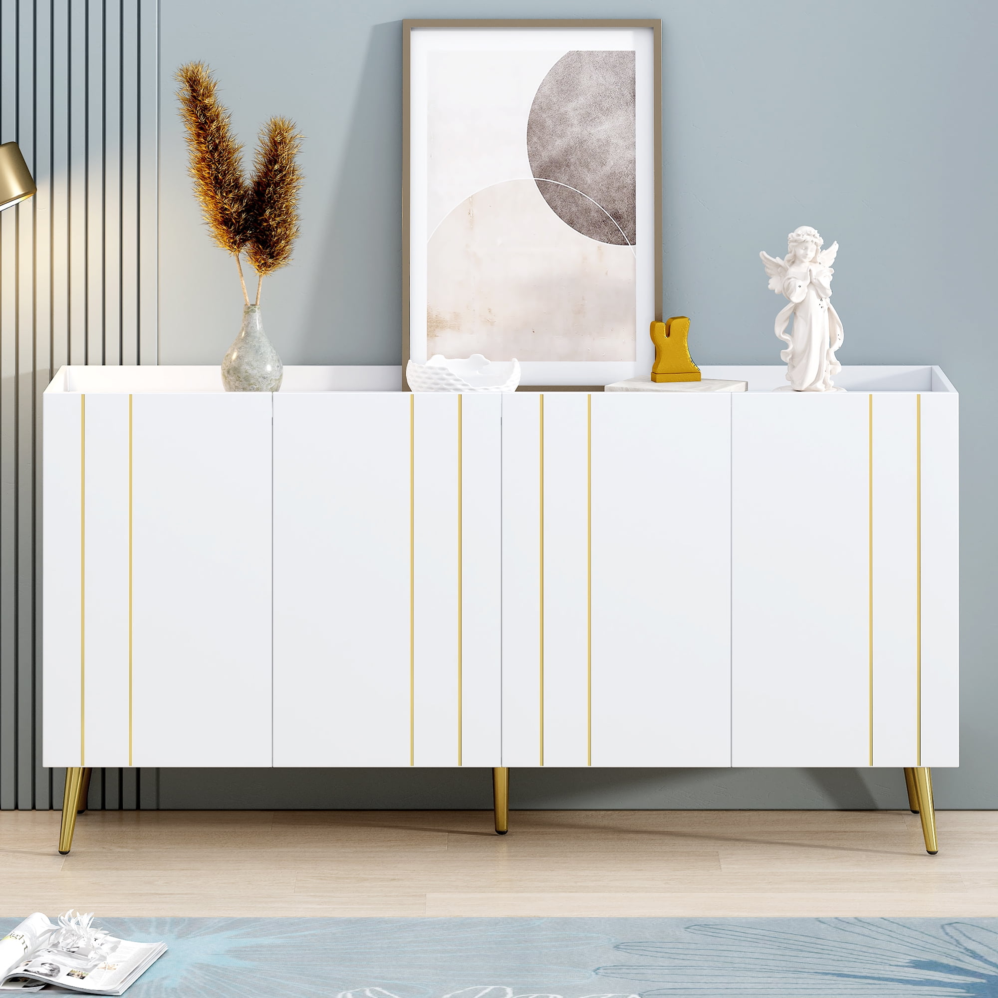 Euroco Modern Storage Cabinet with Gold Accents and Adjustable Shelves, Multi-Purpose Sideboard for Entryway, Kitchen, or Living Room – Handleless Design with Spill-Proof Top