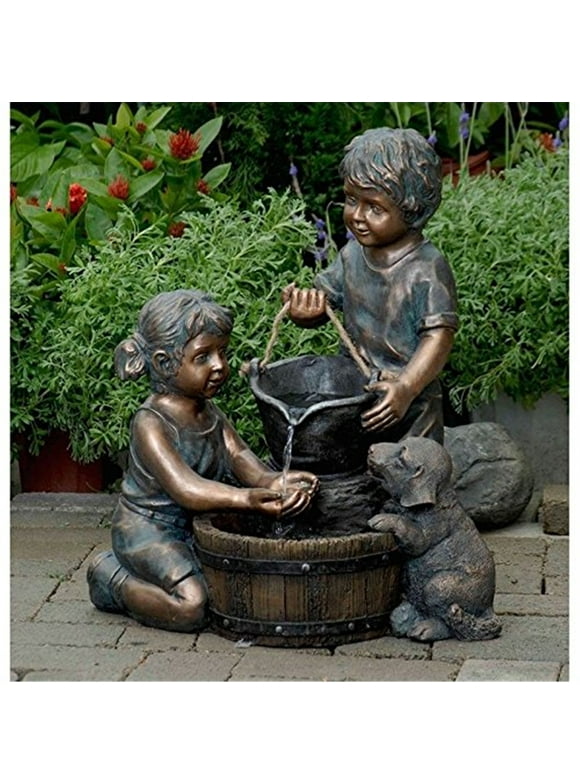 Jeco Two Kids And Dog Outdoor Indoor Water Fountain in Bronze