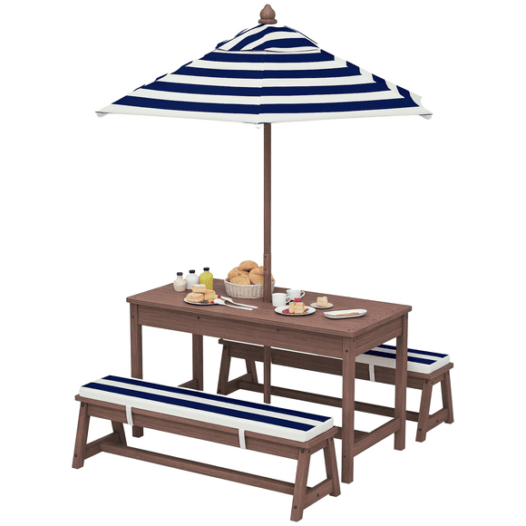 Qaba Kids Picnic Table, Wooden Table & Bench Set w/ Umbrella Cushions, Blue