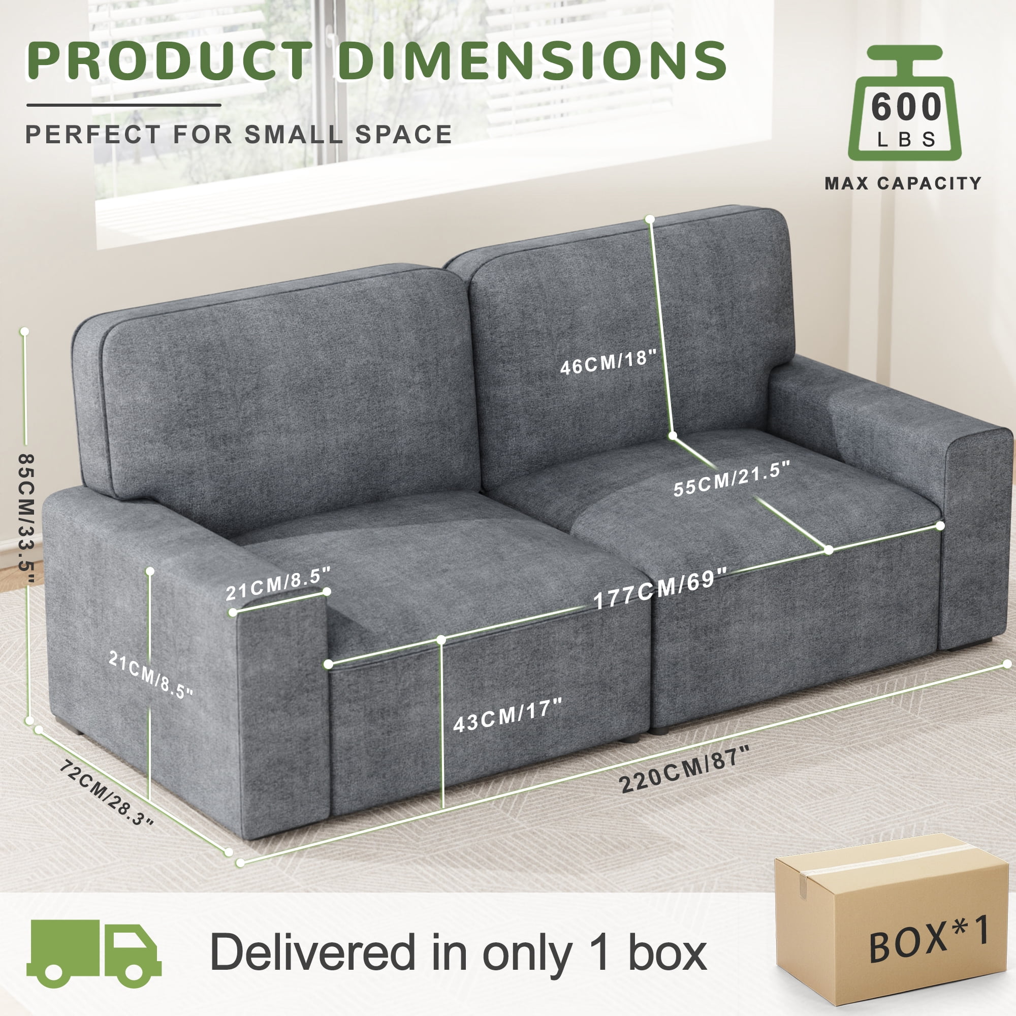 AAQZ 87" Comfy Sofa for Living Room, 3 Seater Chenille Fabric Couch for Small Space, Light Gray