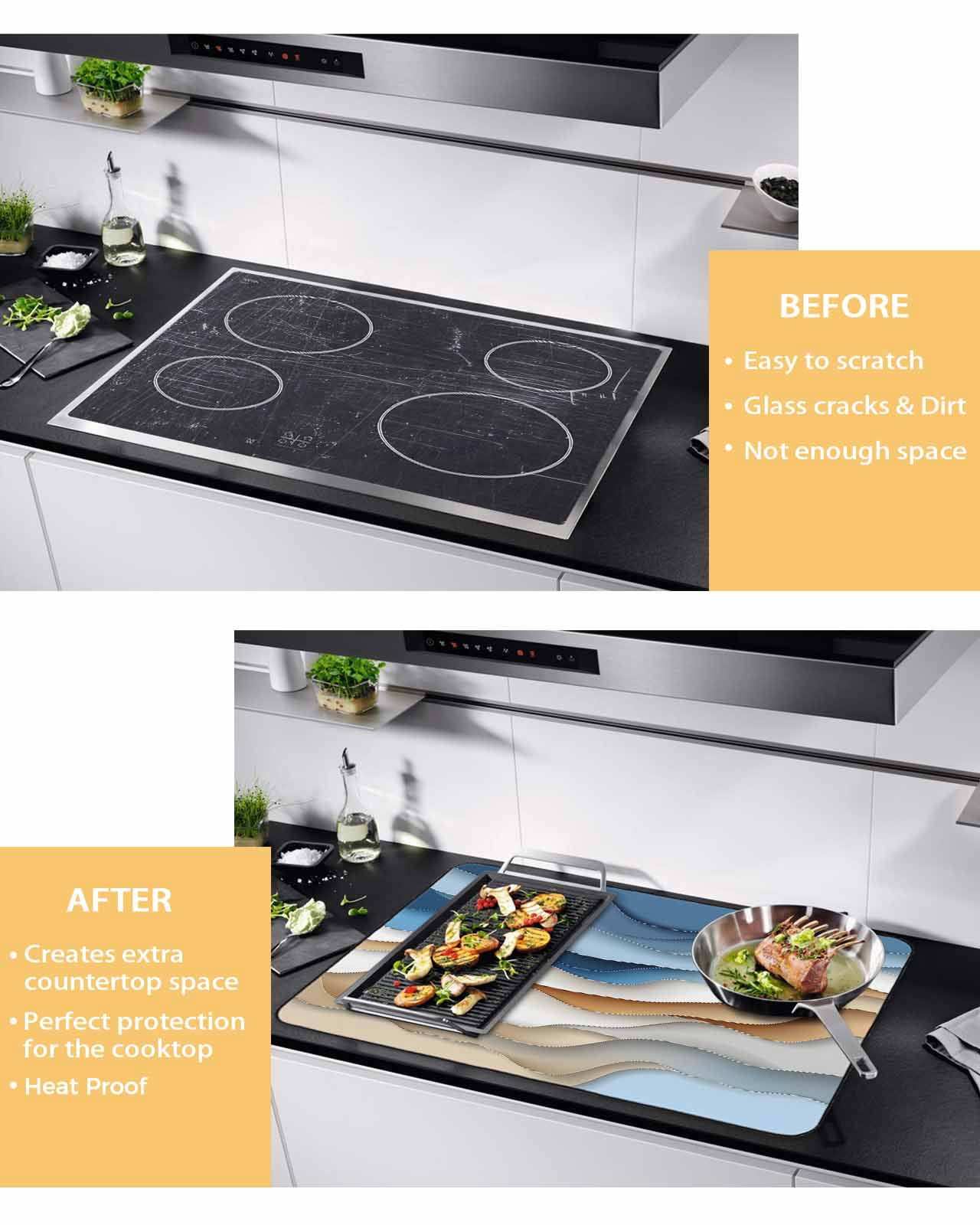 nqOlkjepod Large Induction Cooktop Protector Mat 24"x21", Blue Beige Moire Stove Top Covers for Electric Stove, Modern Abstract Art Decorative Stove Burner Cover Mats, Glass Top Stove Cover