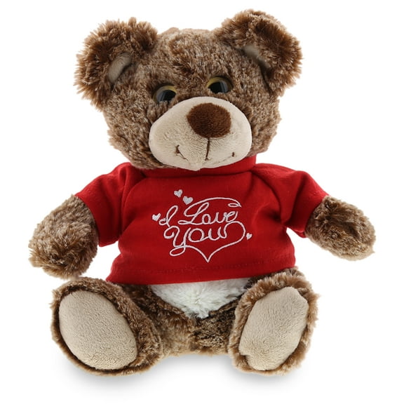 DolliBu I LOVE YOU Brown Bear Plush – Cute Stuffed Animal with Red Shirt for Valentine, Anniversary, Romantic Date, Boyfriend, or Girlfriend Gift – 6.5 Inches