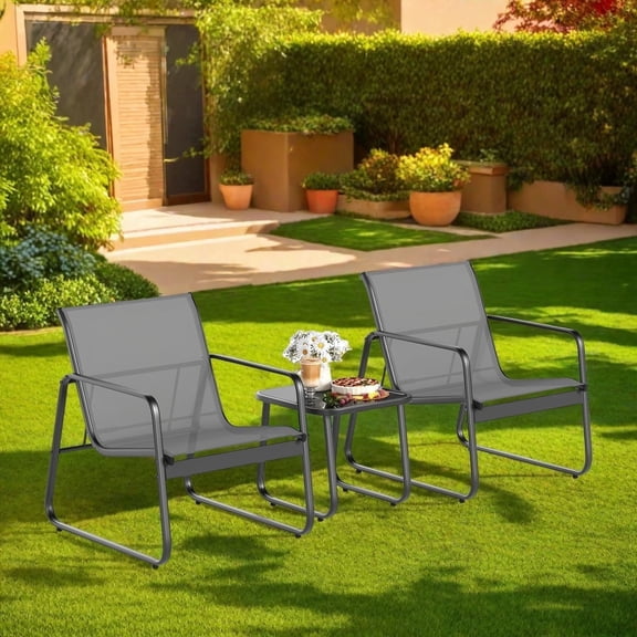 Jolifa 3 Pieces Patio Set,Outdoor Furniture 1 Coffee Table with 2 Steel Chairs for Yard Lawn Pool,Gray