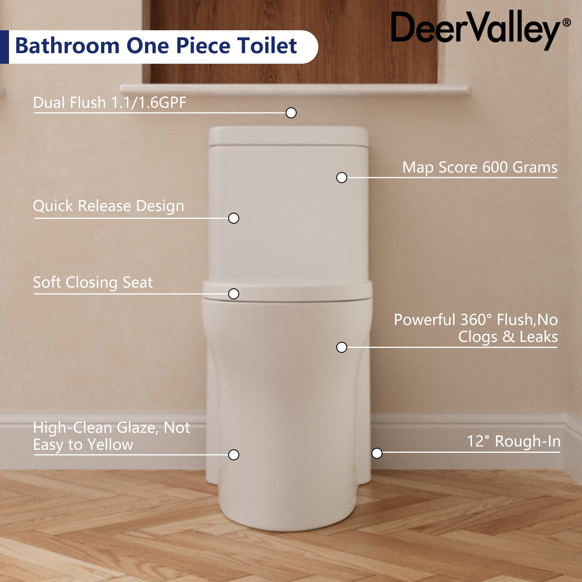 DV-1F0197 One Piece Toilet Modern Toilet, Fully Skirted Dual Flush Bathroom Toilets Standard Size White Toilet (Seat Included)