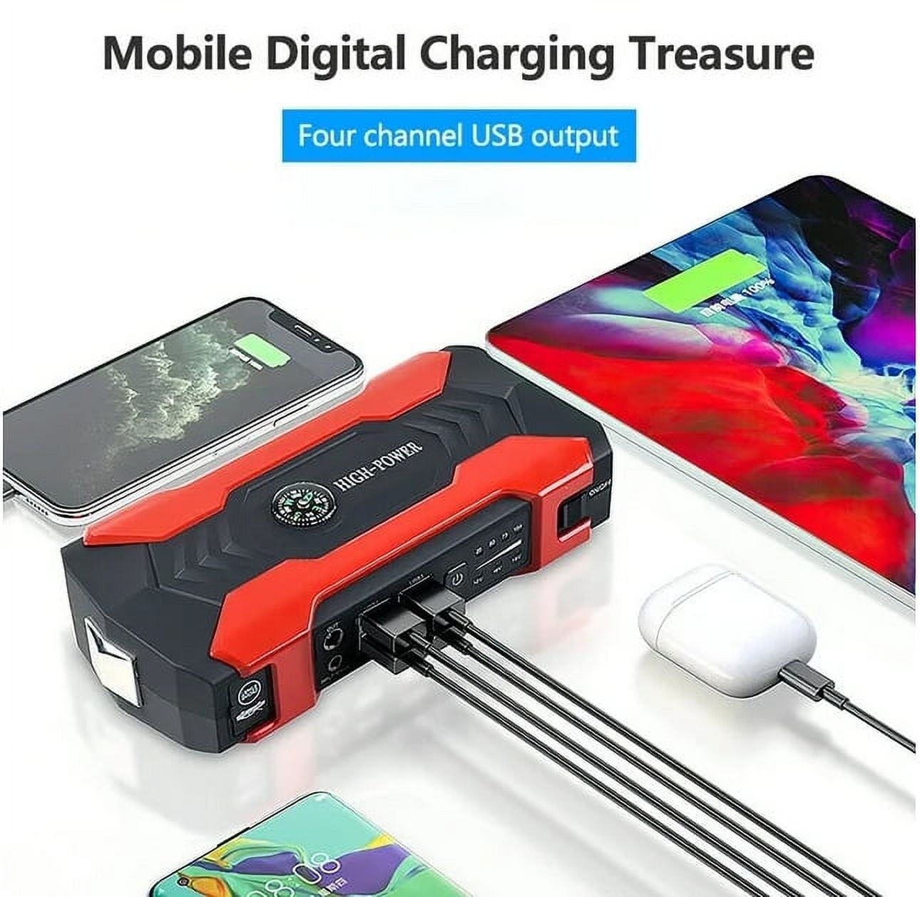 99800mah Car Jump Starter, Peak Car Battery Charger, 12V Jump Box Jumper Battery Pack, Portable Charger, Emergency LED Light, Escape Safty Hammer, Compass