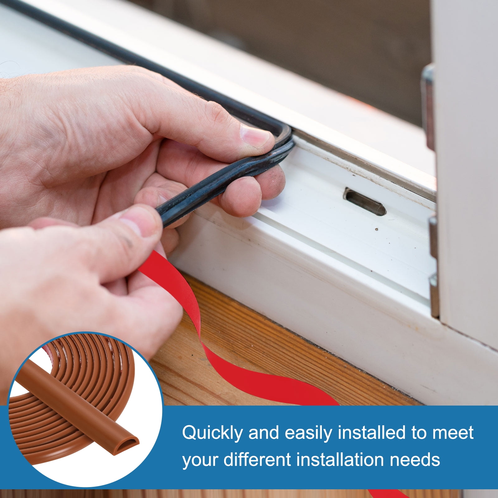 Uxcell 16.4FT Silicone D Shape Weather Stripping, 2Pcs Self Adhesive Door Seal, Brown