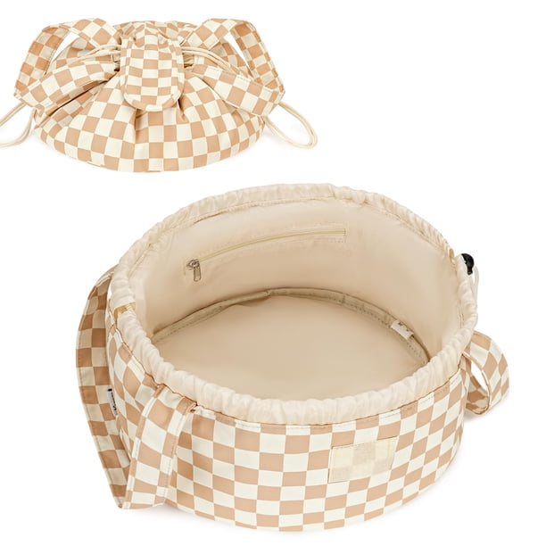 Bolsa de maquillaje Narwey Barrel con cordón a cuadros, marrón