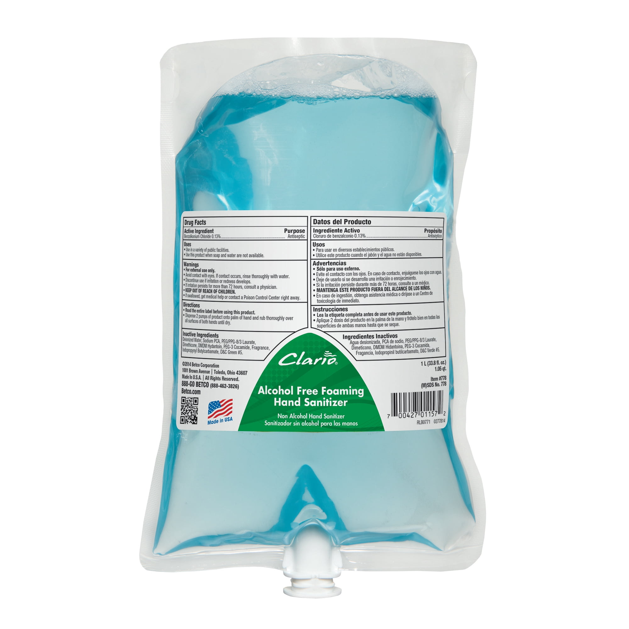 Betco Clario Alcohol-Free Hand Sanitizer Foam, Case of 6, Unscented, 1000 mL