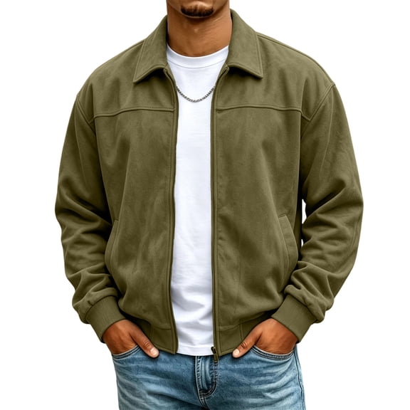 Men's Bomber Jacket Suede Faux Leather Zip Up with Pockets, Ribbed Stand Collar Varsity Jacket, Lightweight Outerwear, Business Casual Fall Winter