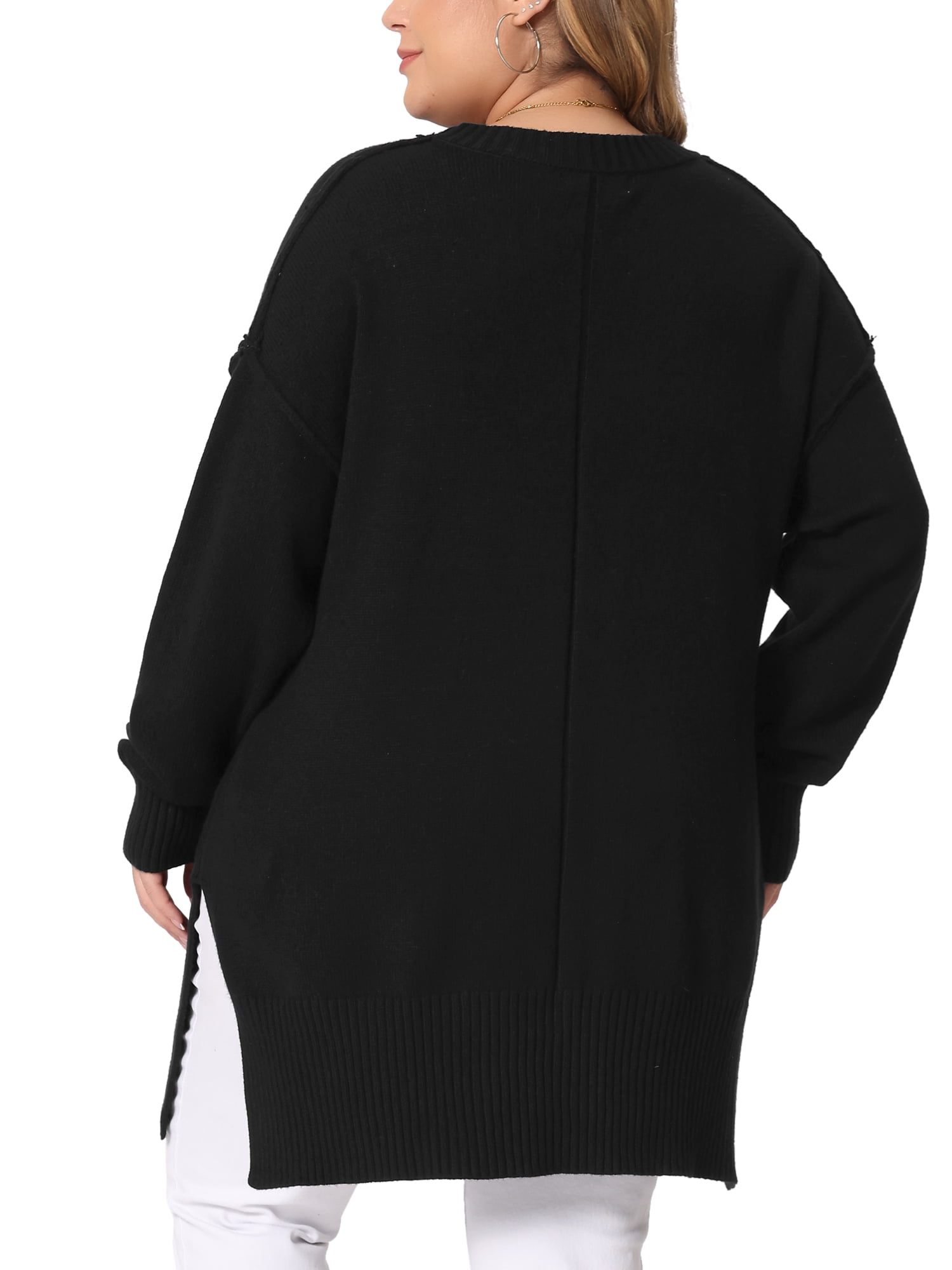DARING DIVA Women's Plus Crew Neck Long Sleeve Slit Hem Pullover Sweater 5X Black