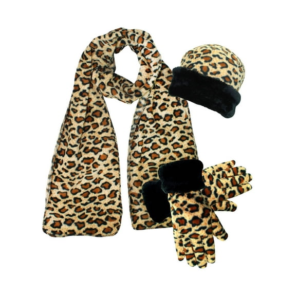 Leopard Print Fleece 3-Piece Hat Scarf & Gloves Matching Winter Set