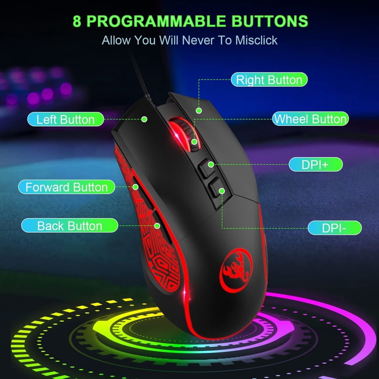 HXSJ - Mouse da gioco ergonomico con cavo e luce respirazione colorata, con 5 livelli DPI regolabili regolabili con 7 colori che cambiano automaticamente per Pro Gamer Win 7/8/10 o più recente