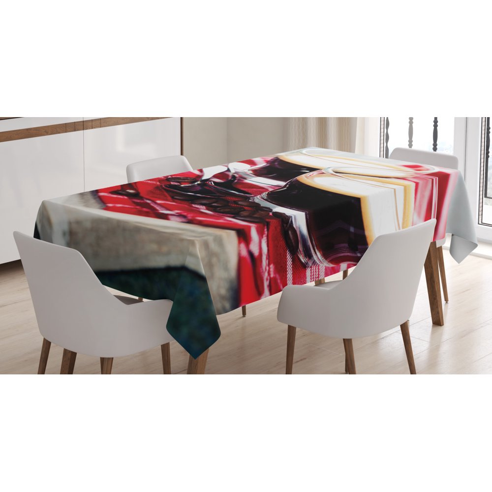 Coffee Tablecloth, Freshly Brewed Espresso Two Cups on Wooden Tray Leisure Relaxing Time in