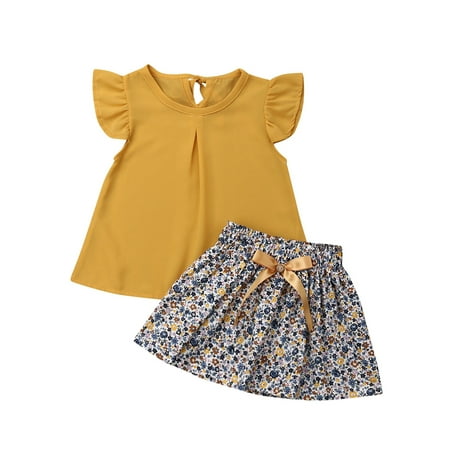 

2PCs Toddler Kids Baby Girl Summer Clothes Set Chiffon Tops T-shirt Floral Tutu Skirt 1-5T